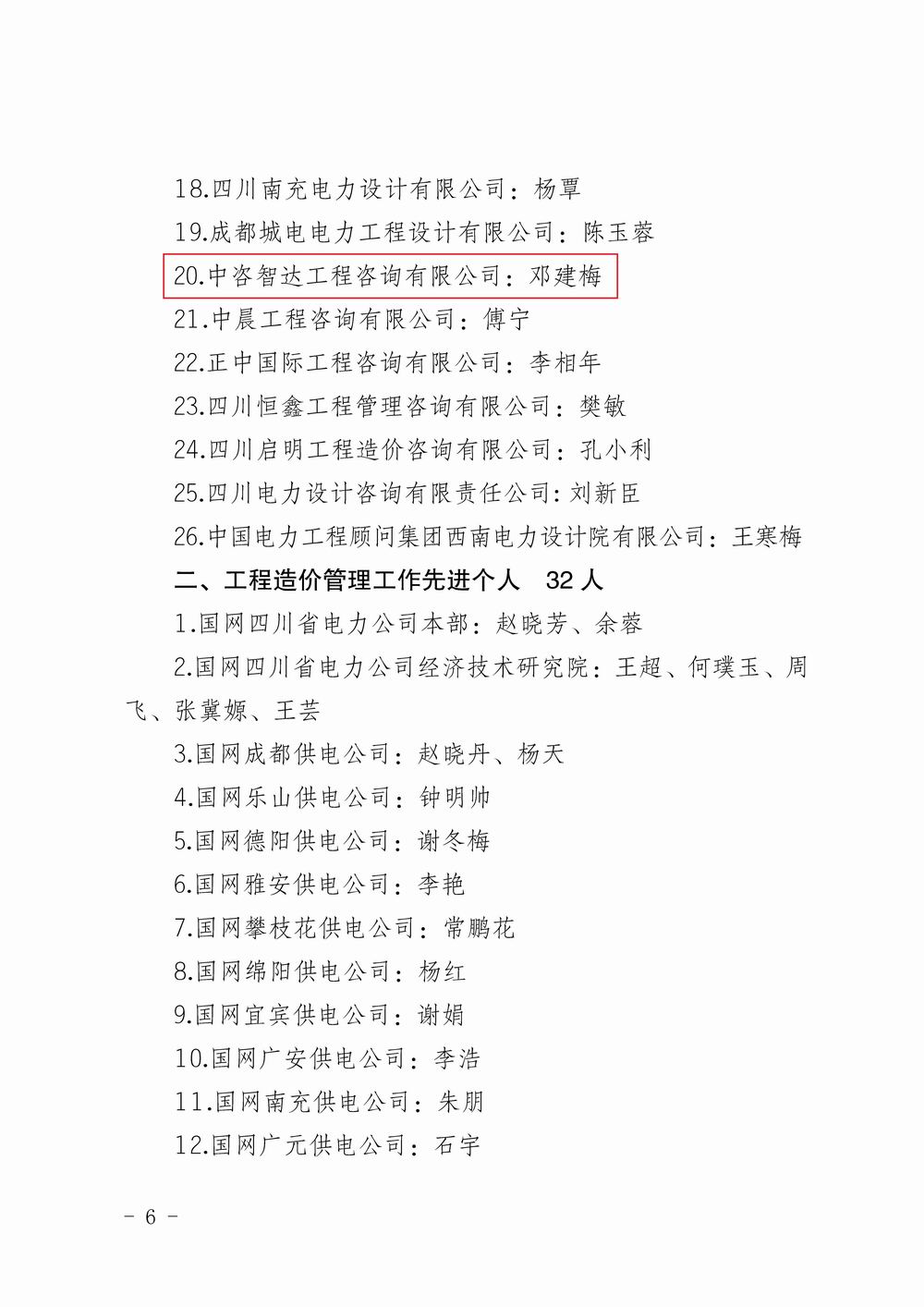 川电定〔2020〕3号（四川电力建设定额站关于表彰 2019年度电力工程造价与定额管理先进单位和先进个人的决定_页面_6.jpg